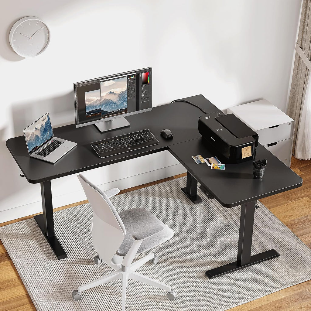 FEZIBO 75' x 63' L Shaped Standing Desk Adjustable Height, 75 Inch Electric Stand up Corner Computer Desk, Sit Stand Home Office Desk with Splice Board, Black