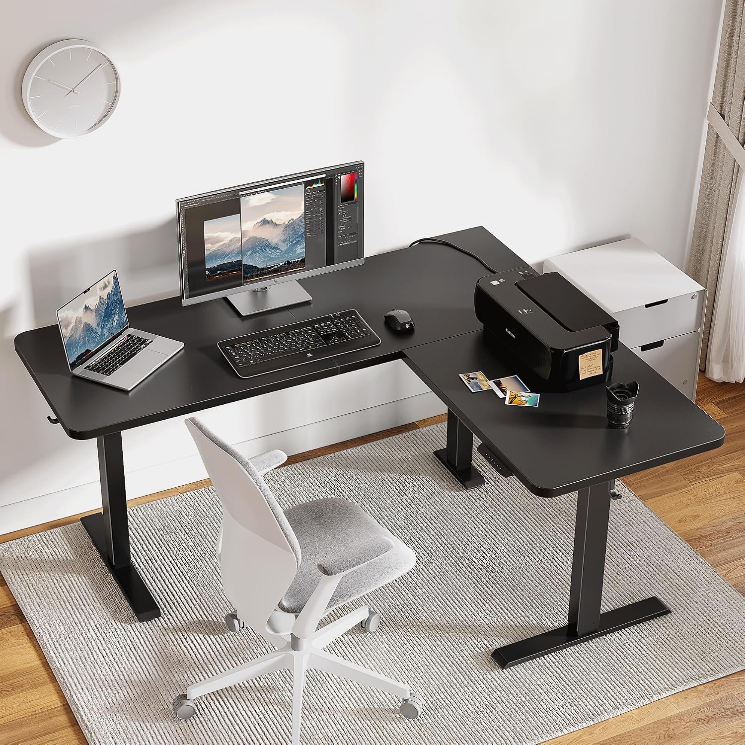 FEZIBO 75' x 63' L Shaped Standing Desk Adjustable Height, 75 Inch Electric Stand up Corner Computer Desk, Sit Stand Home Office Desk with Splice Board, Black