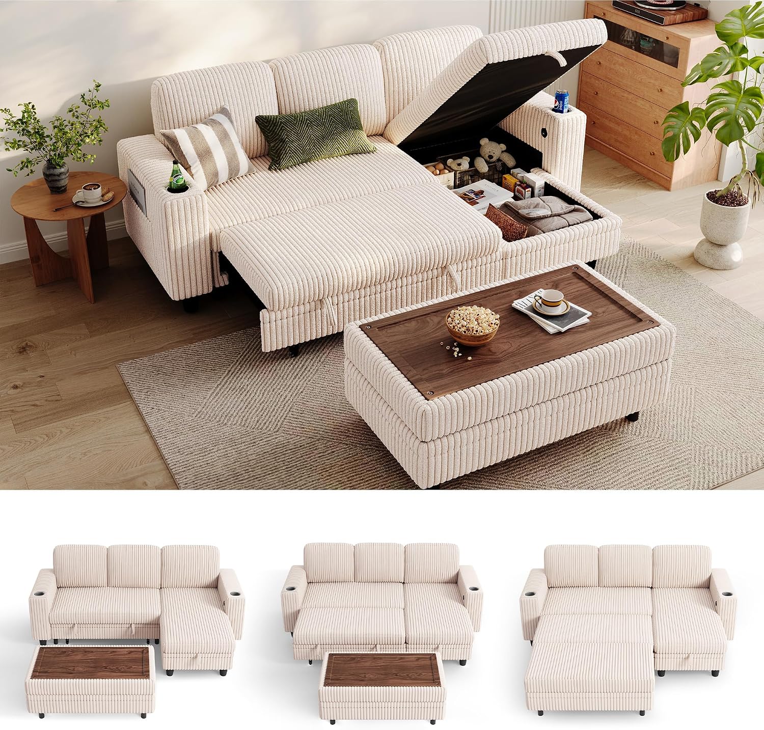 LINSY HOME Sectional Sleeper Sofa with Pull Out Couch Bed for Living Room (Beige) | Plush Corduroy, Storage Ottoman, Storage Chaise, Pull Out Couch, USB Charging