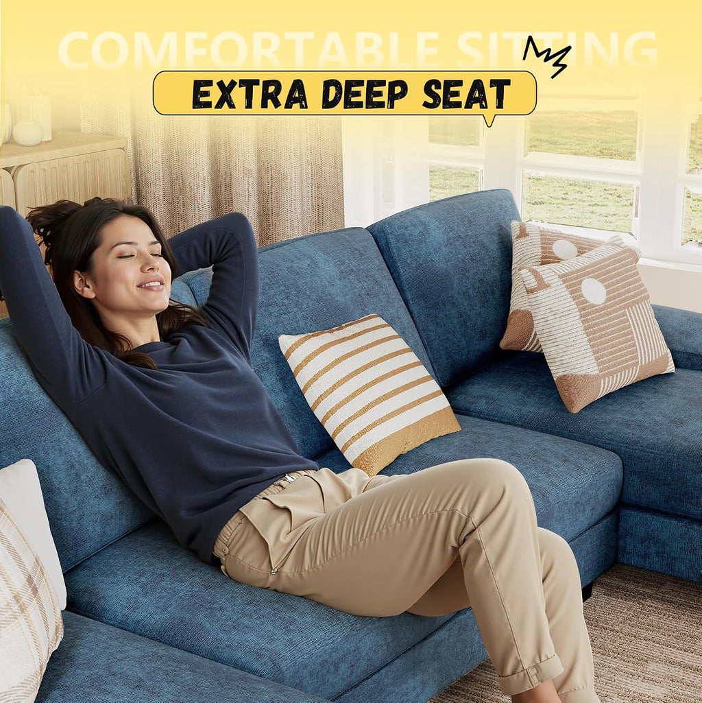 JUMMICO Sectional Couches for Living Room, U Shaped Couch with Chenille Fabric, 4 Seat Modern Sofa with Removable Pillows for Apartment and Small Space (Fabric, Blue)