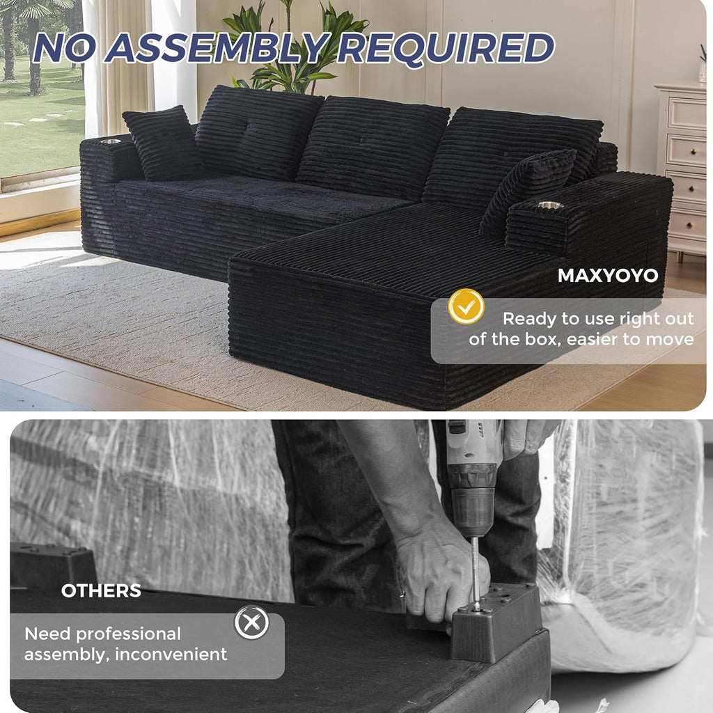 MAXYOYO 104' Modular Sectional Couch with L-Shape Chaise, Modern Boneless Couch for Living Room, Sofa in A Box, Oversized Sofa Sleeper with Deep Seat, No Assembly Required, Black