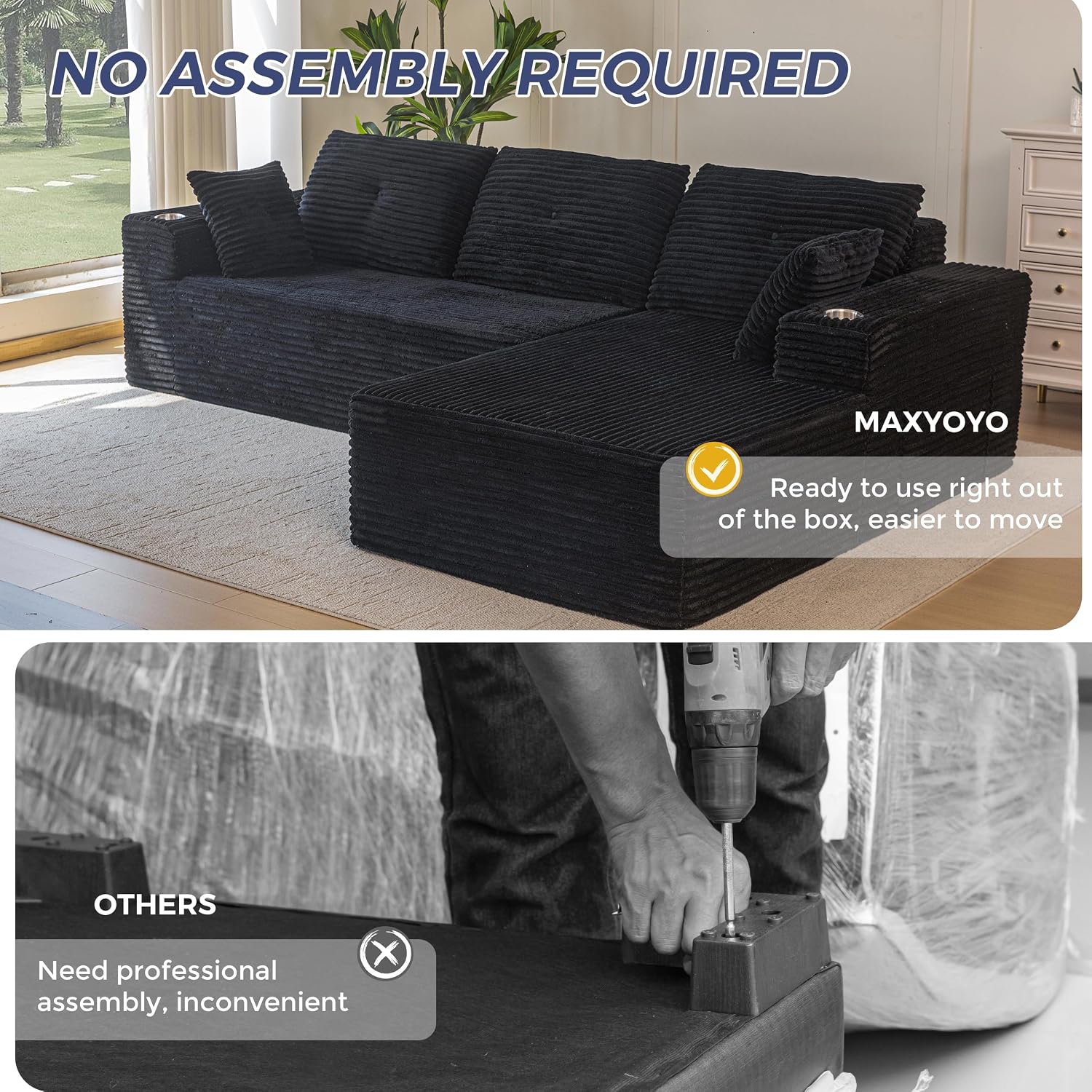 MAXYOYO 104' Modular Sectional Couch with L-Shape Chaise, Modern Boneless Couch for Living Room, Sofa in A Box, Oversized Sofa Sleeper with Deep Seat, No Assembly Required, Black