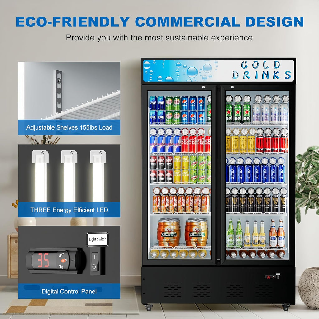Commercial Beverage Refrigerator, 40 Cu.ft.Display Fridge Glass Door Upright Display Door with Adjustable Shelves LED Light for Restaurant,Grocery Stores,Office