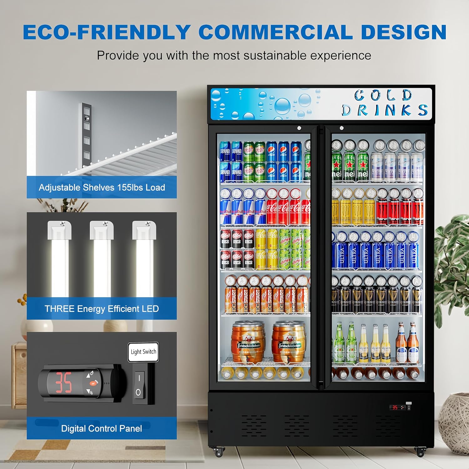 Commercial Beverage Refrigerator, 40 Cu.ft.Display Fridge Glass Door Upright Display Door with Adjustable Shelves LED Light for Restaurant,Grocery Stores,Office