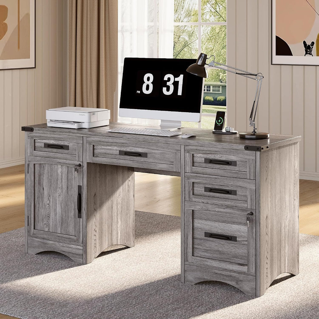 Decofy Farmhouse Executive Desk with Drawers, 55' Home Office Desks with Fast Charging Station, Lockable File Cabinet, Wood Writing Computer Desk for Work, Study, Grey