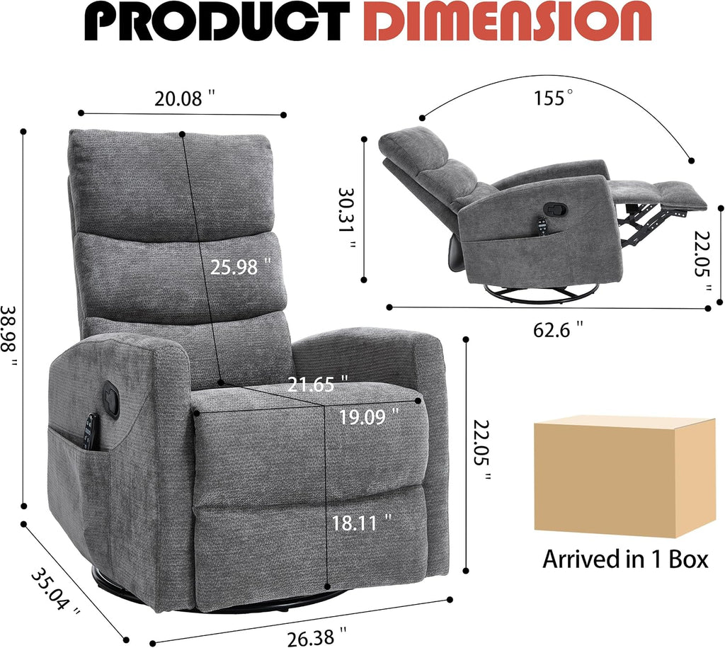 Luxlen Manual Swivel Rocker Recliner Chair with Massage, Overstuffed Recliner Glider with Vibration Massage and Heat for Nursery, Living Room Reclining Sofa Chair, Fabric Dark Gray