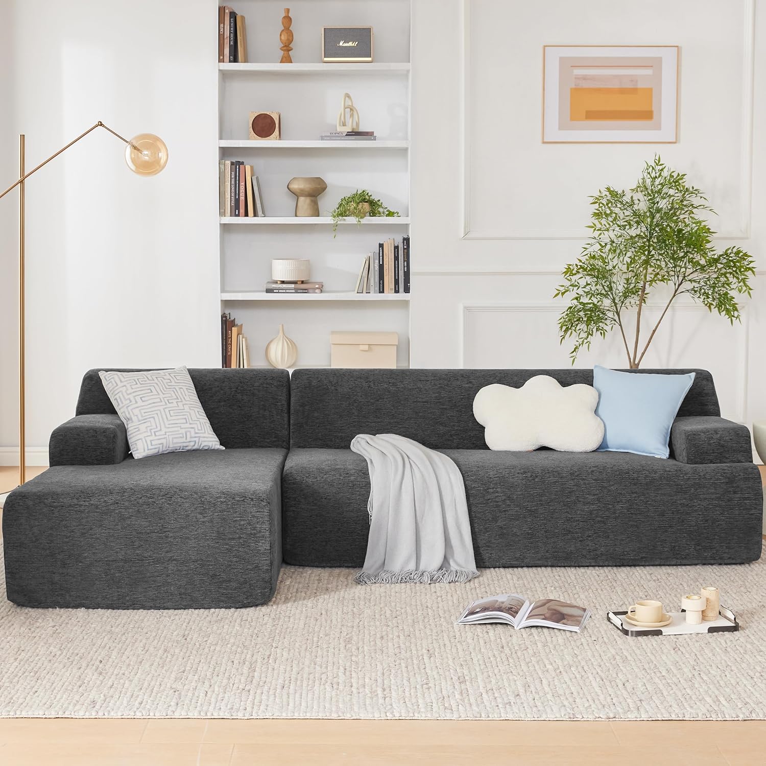 Weture 107' Modular Sectional Cloud Couch, Boneless couches Sponge sectionals for Living Room, High Density Sponges Sofa, Modular L-Shape with Chaise, Darkgrey