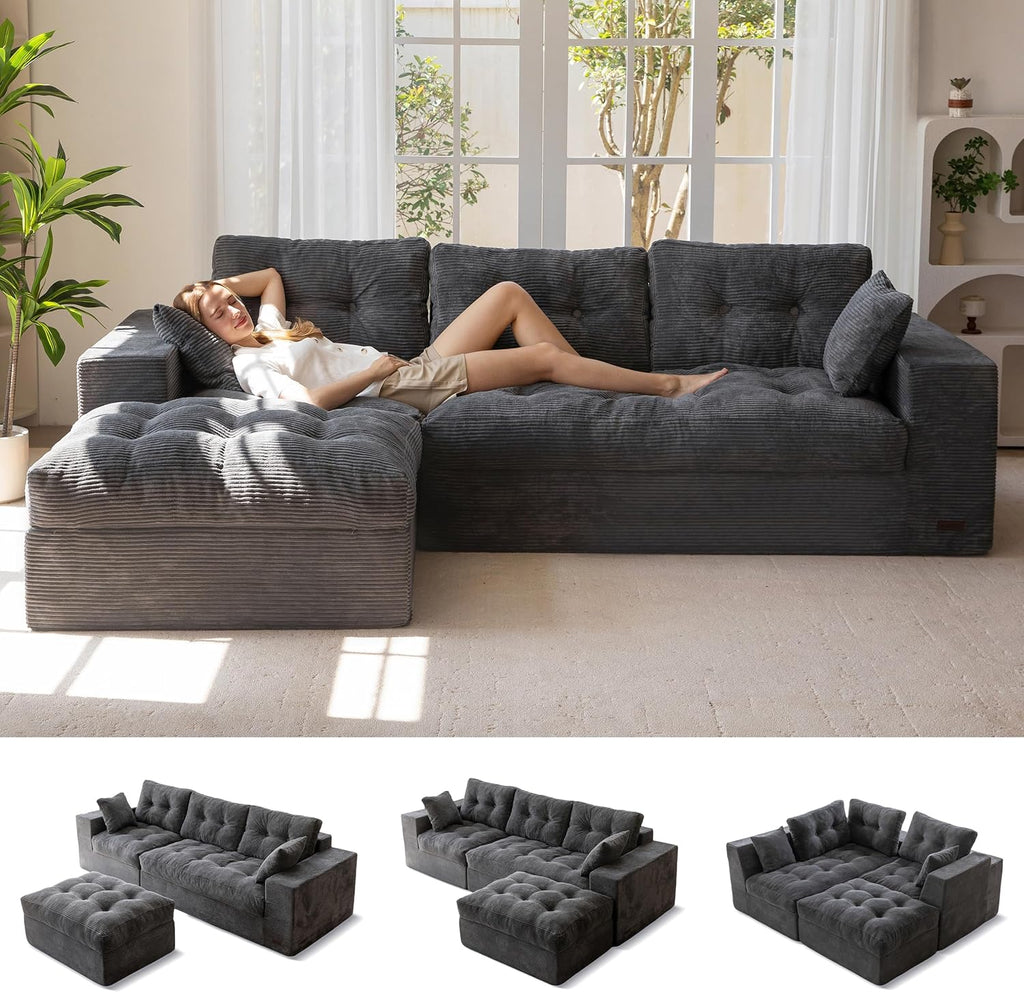 MAXYOYO 104' L Shaped Modular Sectional Sofa with Ottoman, Cloud Boneless Couch with Layered Cushion, Upholstered Sofa Flexible Module Combination for Living Room, No Assembly, Dark Grey