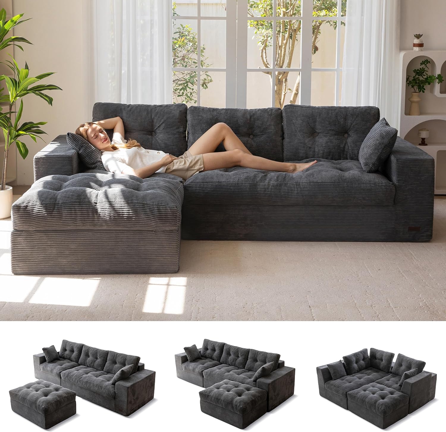 MAXYOYO 104' L Shaped Modular Sectional Sofa with Ottoman, Cloud Boneless Couch with Layered Cushion, Upholstered Sofa Flexible Module Combination for Living Room, No Assembly, Dark Grey