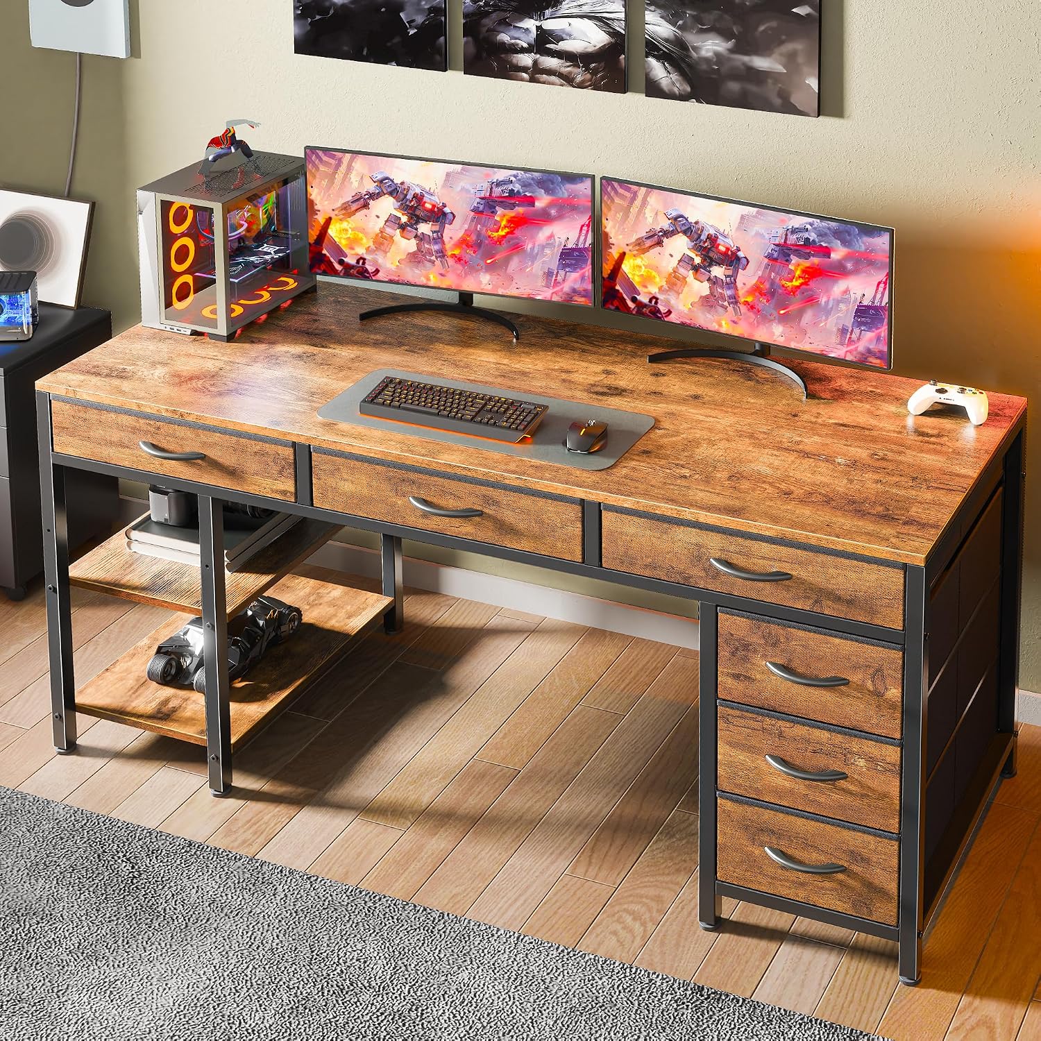 Huuger Computer Desk with 6 Drawers, Office Desk with Shelves, Reversible Gaming Desk, Corner Desk with Storage, Work for Home Office, Study, Living Room, 54inch, Rustic Brown