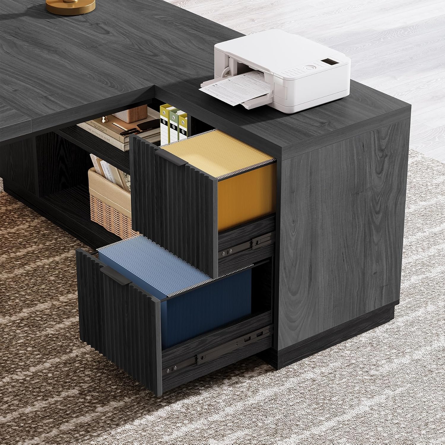 Tribesigns 78' L Shaped Desk with Drawers, Lage Office Desk with Storage Shelves, Modern Corner Computer Desk for Home Office (Gray and Black)