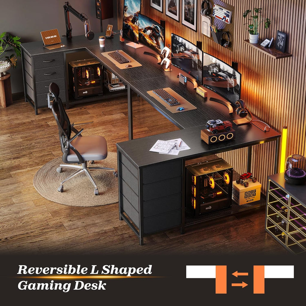 PRAISUN 53' L Shaped Desk with Power Outlets and USB-C Port, Reversible Computer Corner Office Desk with 4 Fabric Drawers and 2 Height-Adjustable Shelves, Large for Gaming Writing Work Study, Black