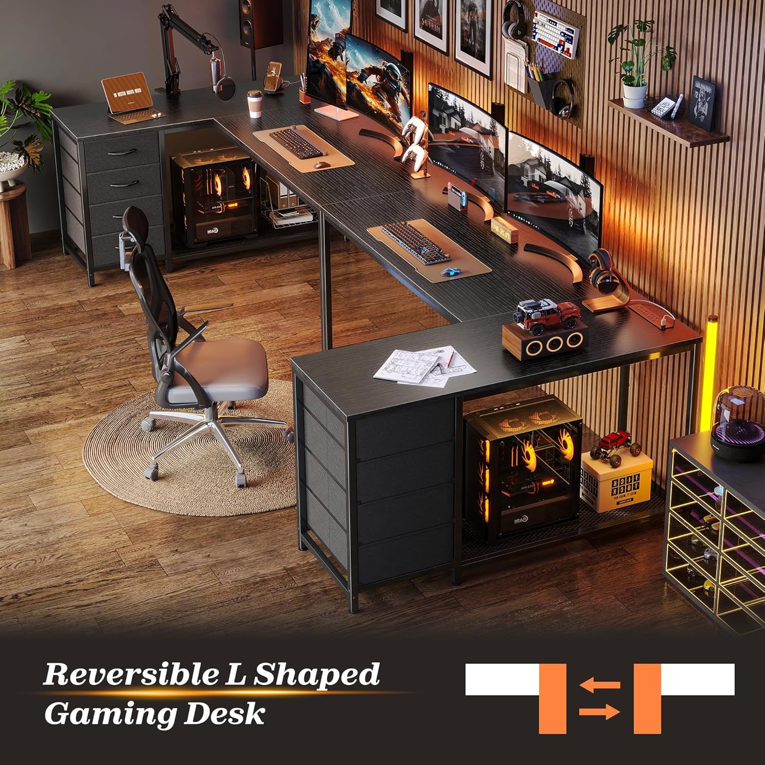 PRAISUN 53' L Shaped Desk with Power Outlets and USB-C Port, Reversible Computer Corner Office Desk with 4 Fabric Drawers and 2 Height-Adjustable Shelves, Large for Gaming Writing Work Study, Black