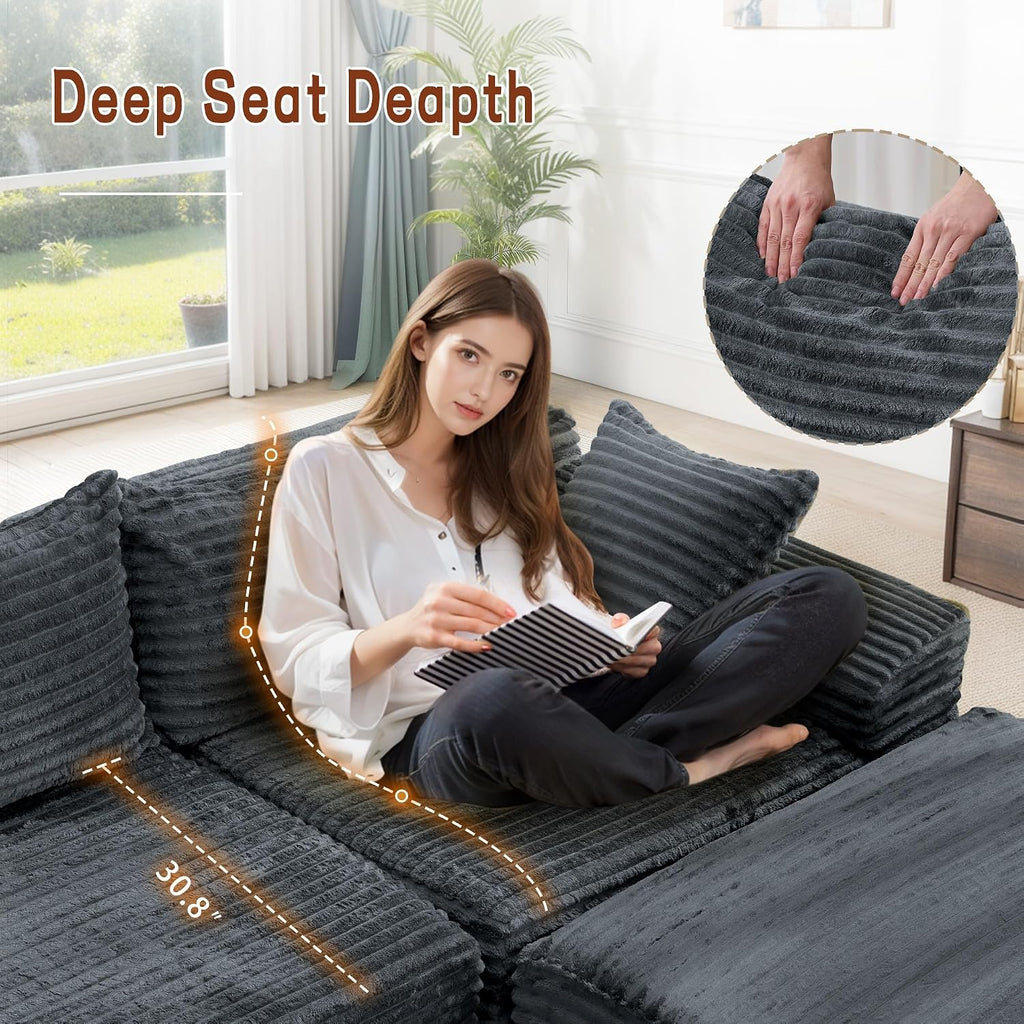 Korser 110' L-Shaped Modular Sectional Sofa with Chaise, Boneless Comfy Corduroy Fluffy Couch with Deep Seat and Side Pockets, Flexible Module Combination for Living Room, No Assembly, Side Pockets