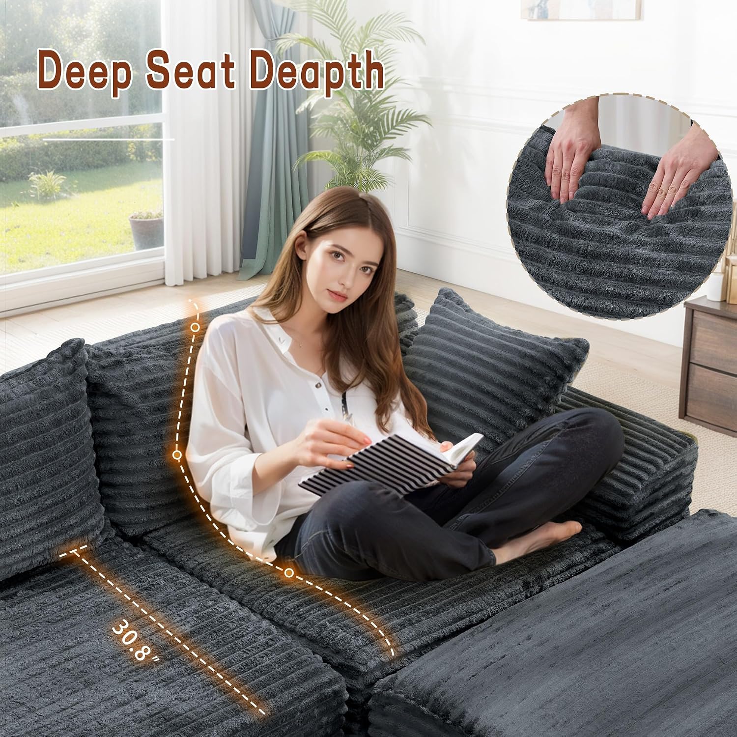 Korser 110' L-Shaped Modular Sectional Sofa with Chaise, Boneless Comfy Corduroy Fluffy Couch with Deep Seat and Side Pockets, Flexible Module Combination for Living Room, No Assembly, Side Pockets