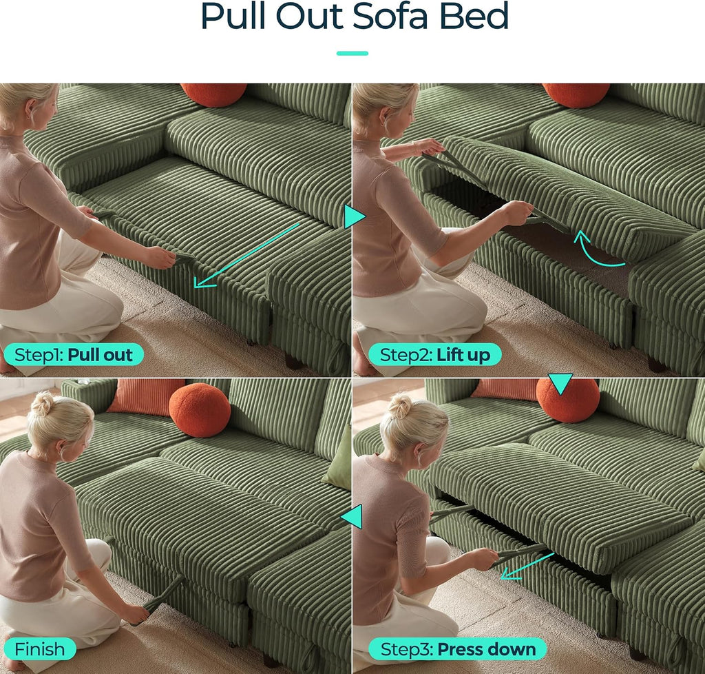 LINSY HOME Sectional Sleeper Sofa with Pull Out Couch Bed for Living Room (Green) | Plush Corduroy, Storage Ottoman, Storage Chaise, Pull Out Couch, USB Charging