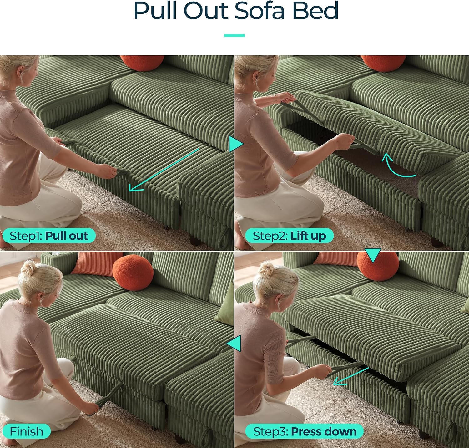 LINSY HOME Sectional Sleeper Sofa with Pull Out Couch Bed for Living Room (Green) | Plush Corduroy, Storage Ottoman, Storage Chaise, Pull Out Couch, USB Charging