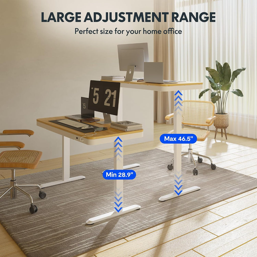 FLEXISPOT Comhar Electric Standing Desk with Drawers Charging USB Port, Height Adjustable 48' Whole-Piece Quick Install Home Office Computer Laptop Table with Storage (Maple Top + White Frame)