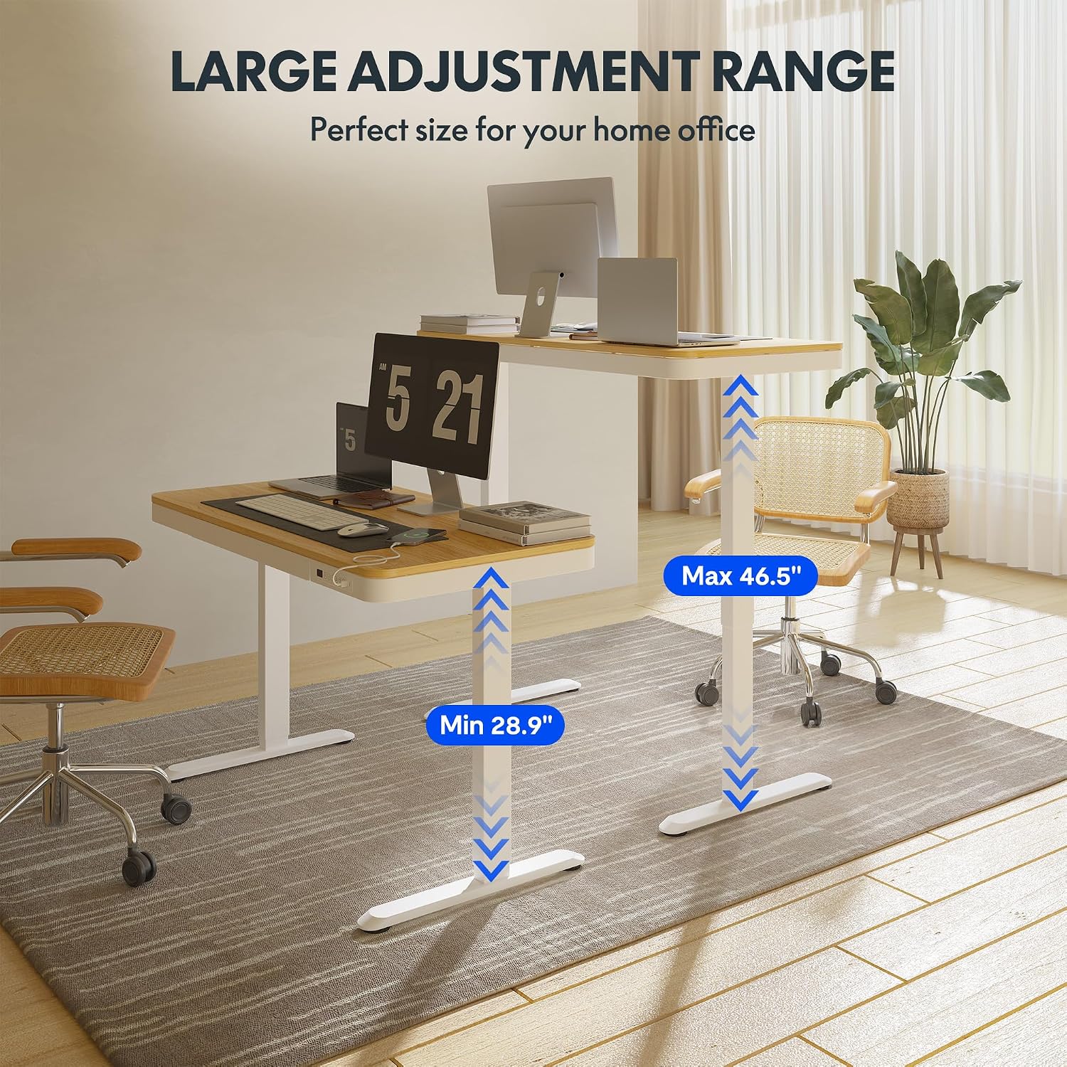 FLEXISPOT Comhar Electric Standing Desk with Drawers Charging USB Port, Height Adjustable 48' Whole-Piece Quick Install Home Office Computer Laptop Table with Storage (Maple Top + White Frame)