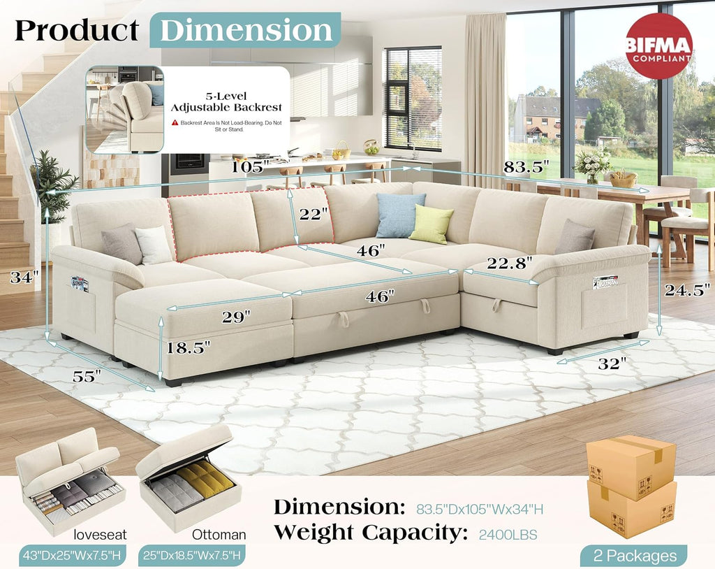VanAcc 105' Sofa Bed, Sectional Sleeper Sofa with Pull Out Bed/Reclining Backrest, Sleeper Couch Bed with Storage, 6 Seater Couch Bed for Living Room, Chenille Beige