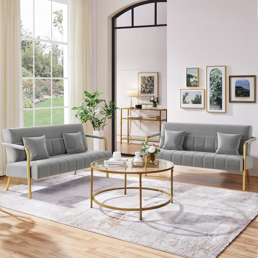 Yaheetech 56.5' W Modern Sofa Small Sofa Luxurious Velvet Fabric Couch with Gold-Tone Metal Arms and Legs for Living Room, Home Office, Studio Light Gray
