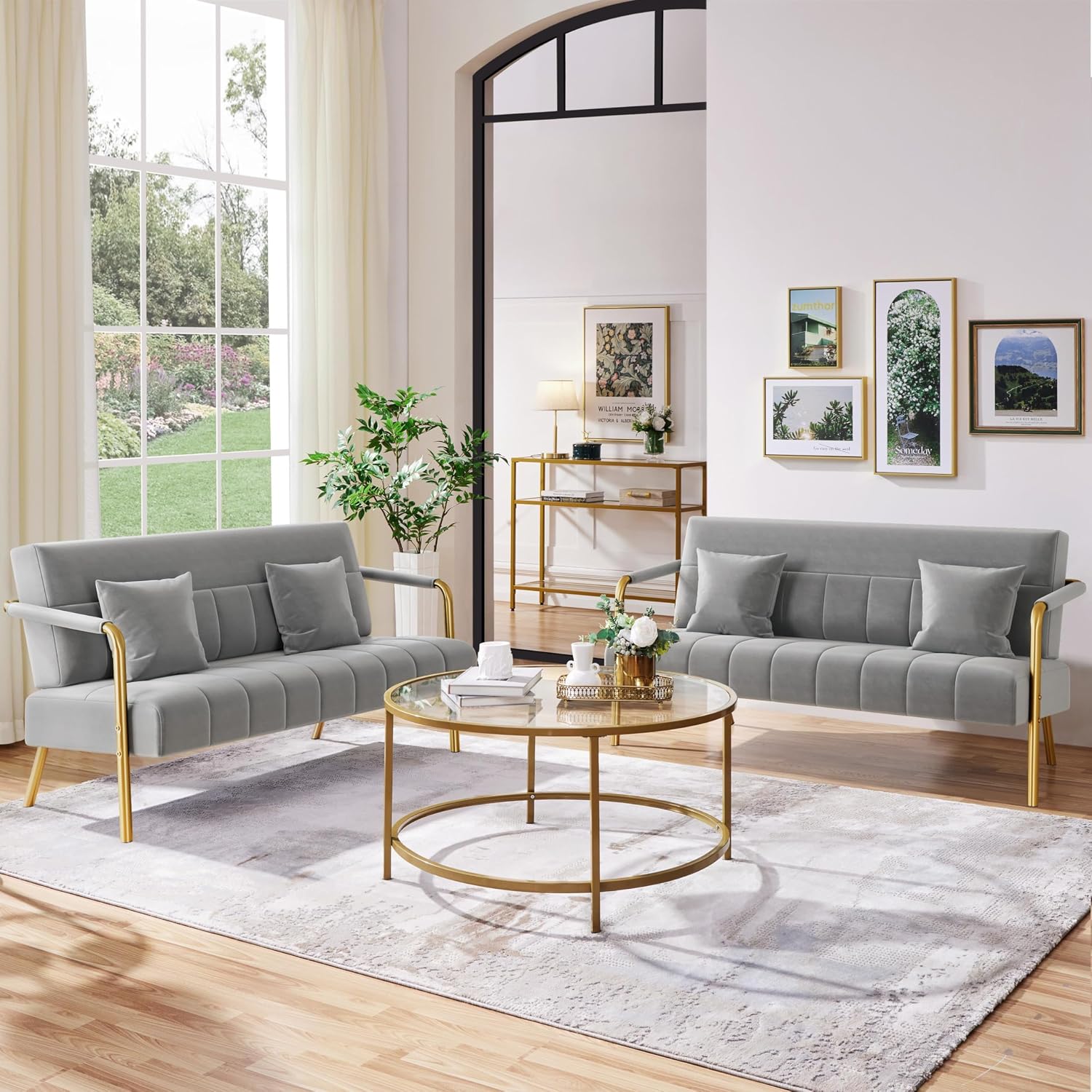 Yaheetech 56.5' W Modern Sofa Small Sofa Luxurious Velvet Fabric Couch with Gold-Tone Metal Arms and Legs for Living Room, Home Office, Studio Light Gray