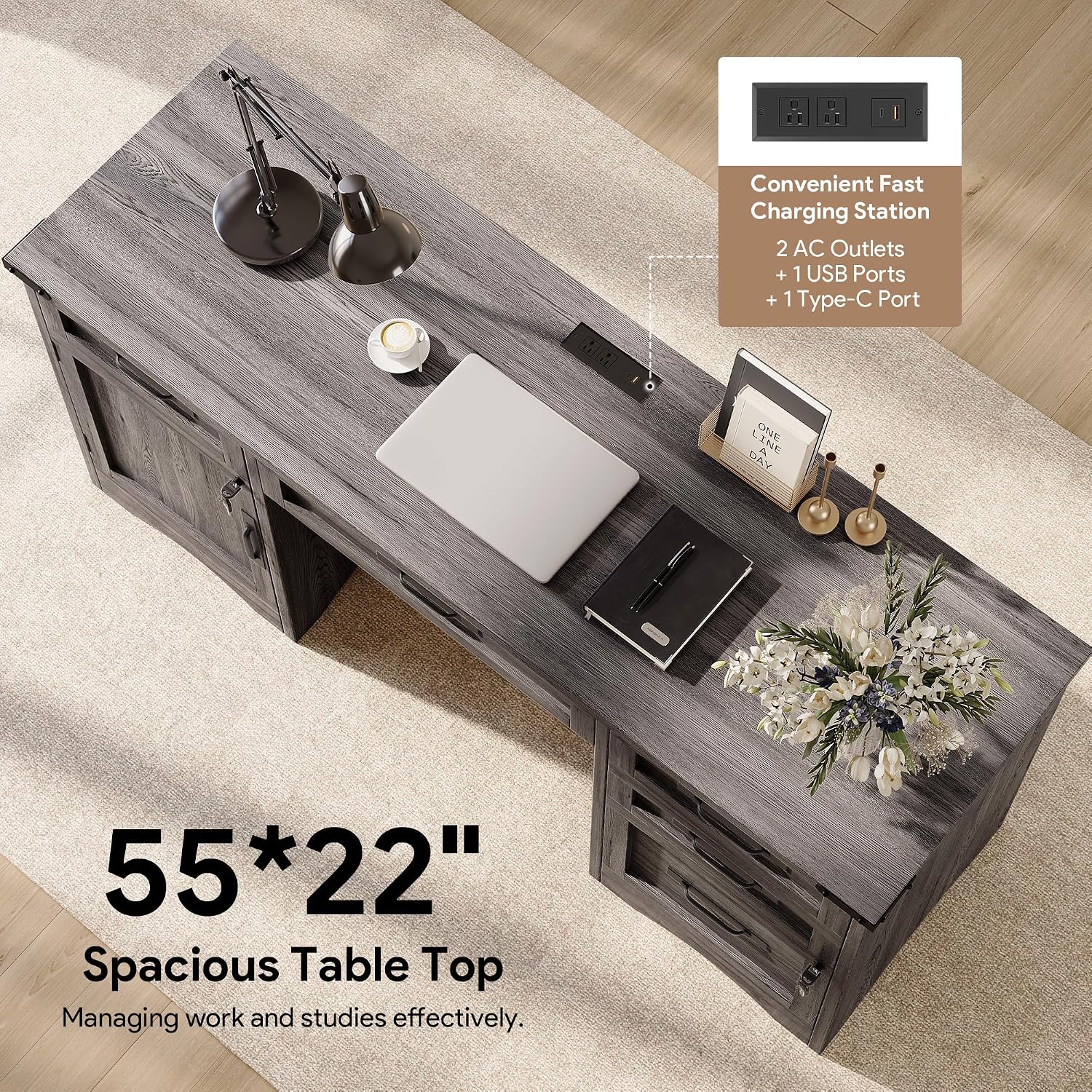 Decofy Farmhouse Executive Desk with Drawers, 55' Home Office Desks with Fast Charging Station, Lockable File Cabinet, Wood Writing Computer Desk for Work, Study, Grey