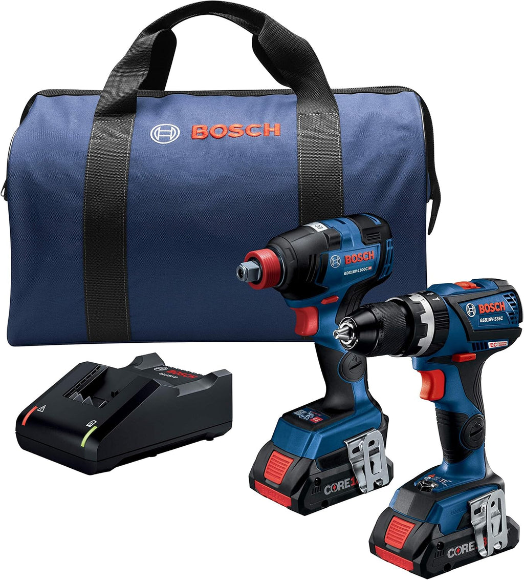 BOSCH GXL18V-251B25 18V 2-Tool Combo Kit with 1/4 In. and 1/2 In. Two-In-One Impact Driver, Compact Tough 1/2 In. Hammer Drill/Driver and (2) CORE18V 4.0 Ah Batteries