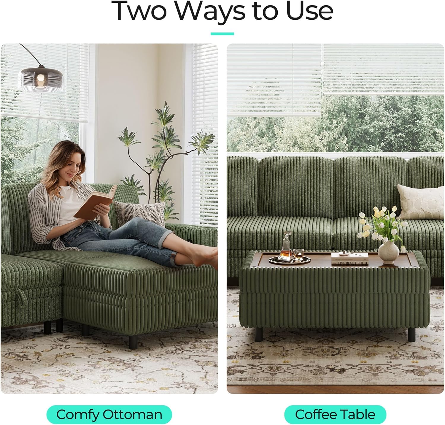 LINSY HOME Sectional Sleeper Sofa with Pull Out Couch Bed for Living Room (Green) | USB Charging, Storage Chaise, Storage Ottoman, Plush Corduroy, Pull Out Couch