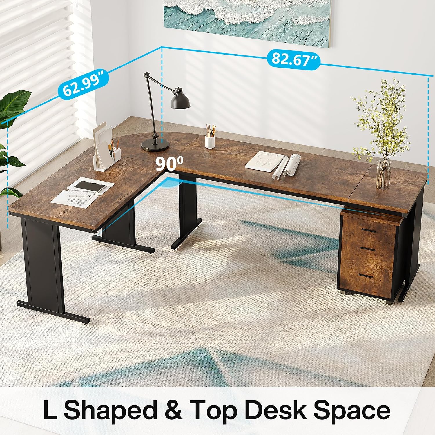 Tribesigns 83' L-Shaped Executive Desk, Large Office Desk with Drawers, Industrial Corner Computer Table with Rolling File Cabinet, Business Workstation for Home Office (Brown, 83 Inches)