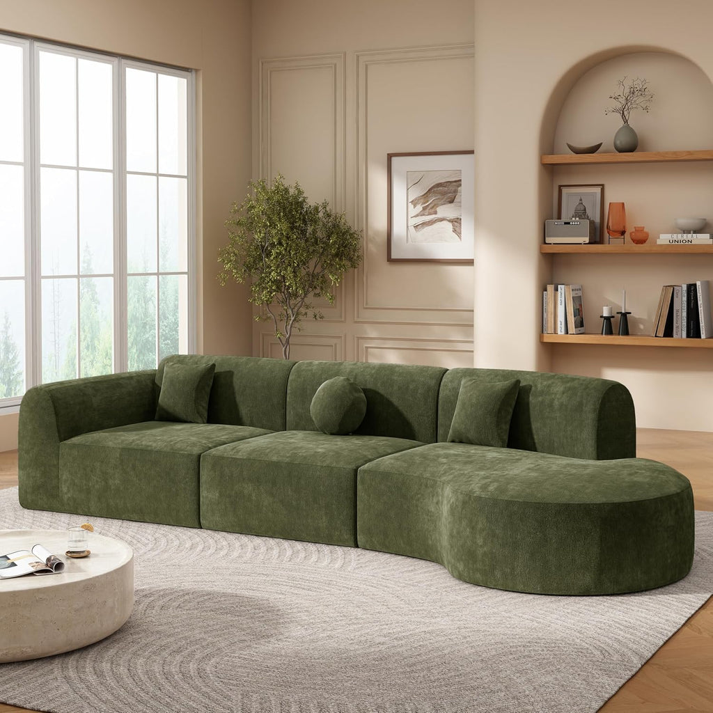Merax 3-Piece 140' Sectional Modular Sofa Set, 4 Seat Curved Modern Cloud Couch with Chaise Lounge, 3 Pillows, Fully Assembled High-Density Compressed Sponge for Living Room, Green