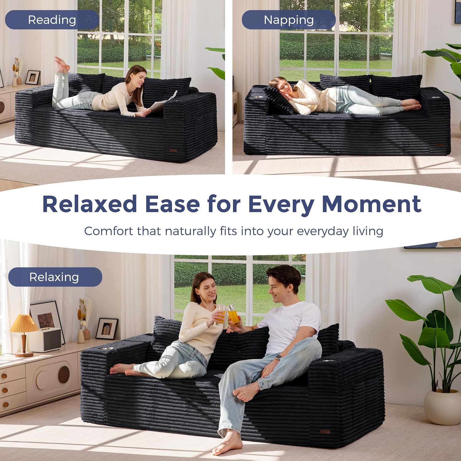 MAXYOYO 79' Oversized Boneless Loveseat Sofa Couch for Small Spaces, Mini Love Seat Floor Couch with Cup Holders and Pillows, 3-Seater Upholstered Cloud Couch for Bedroom, No Assembly Required