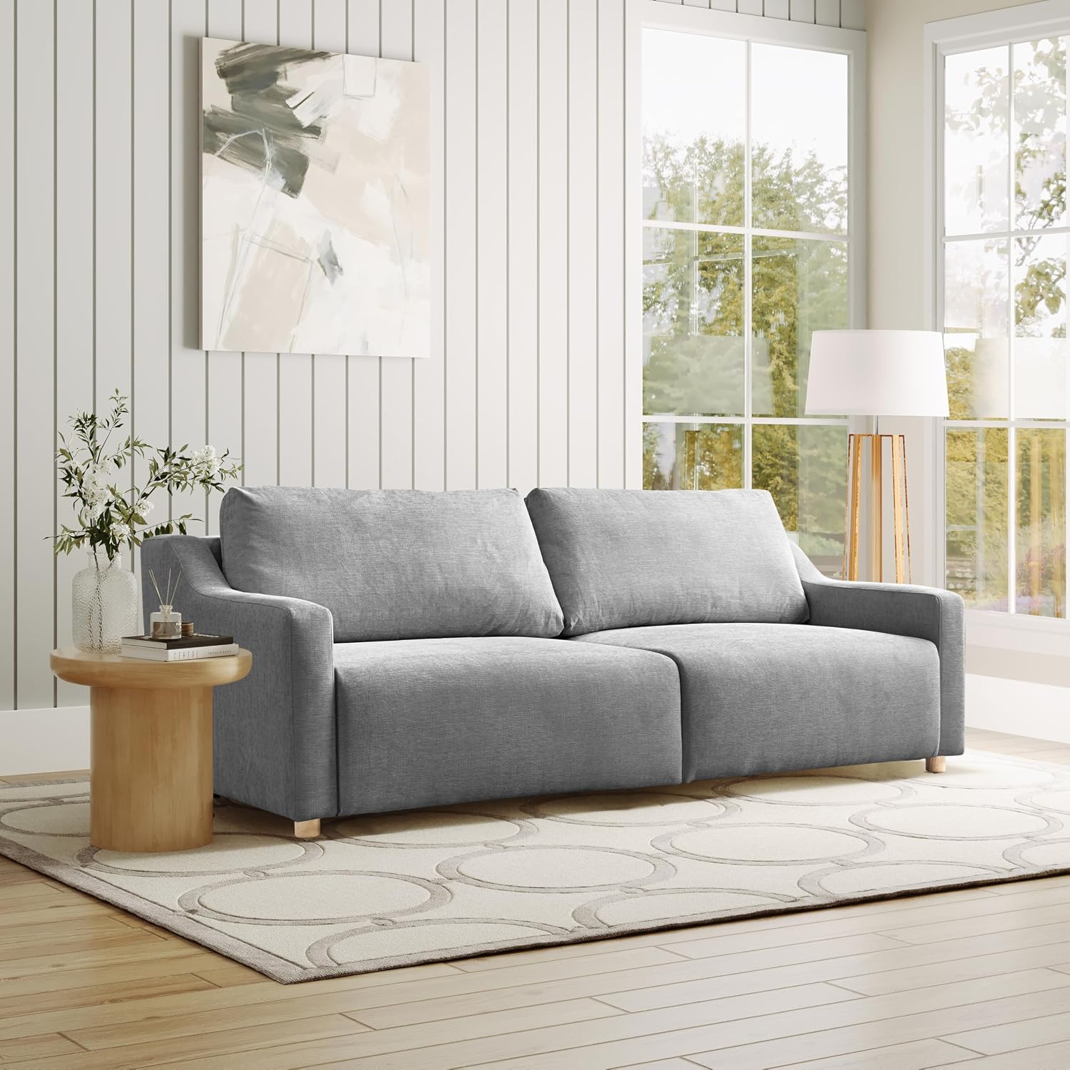 Serta Glendale 90.2' Queen Size Wall-Hugging Convertible Sofa, Dreamcoil Comfort, Chenille Fabric, Grey