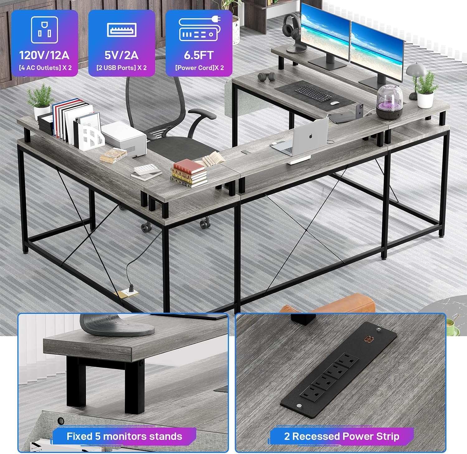 126' U Shaped Gaming Desk, Power Outlets & USB Ports, Reversible Corner Computer Desk with Monitor Stand, RGB LED Lights, Storage Shelves & Bag, Gaming Desk for Home Office, Tiger Stripes, Grey Oak