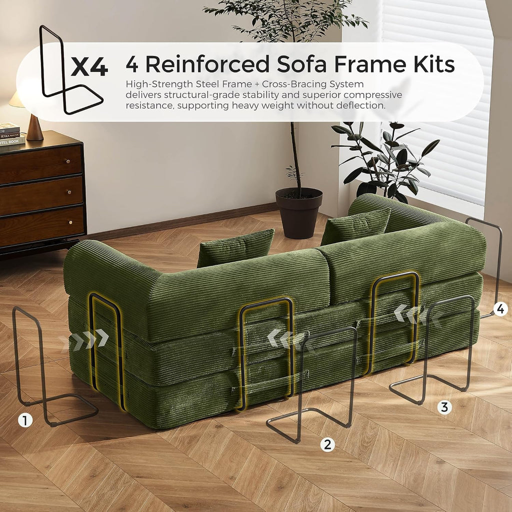 79' Convertible Sofa Bed with Fixed-Shape Frame & Removable Armrests, Modular Corduroy Sleeper Sofa, Folding Mattress Couch for Small Spaces - No Assembly Needed in Green (Includes 2 Pillows)