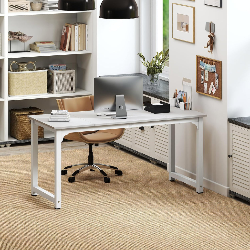 NSdirect Large Office Desk for Home Office, Large 63' Computer Desk Table, Wide Writing Study Desk for 2 Person, Metal Sturdy Frame Thicker Steel Legs,Warm White