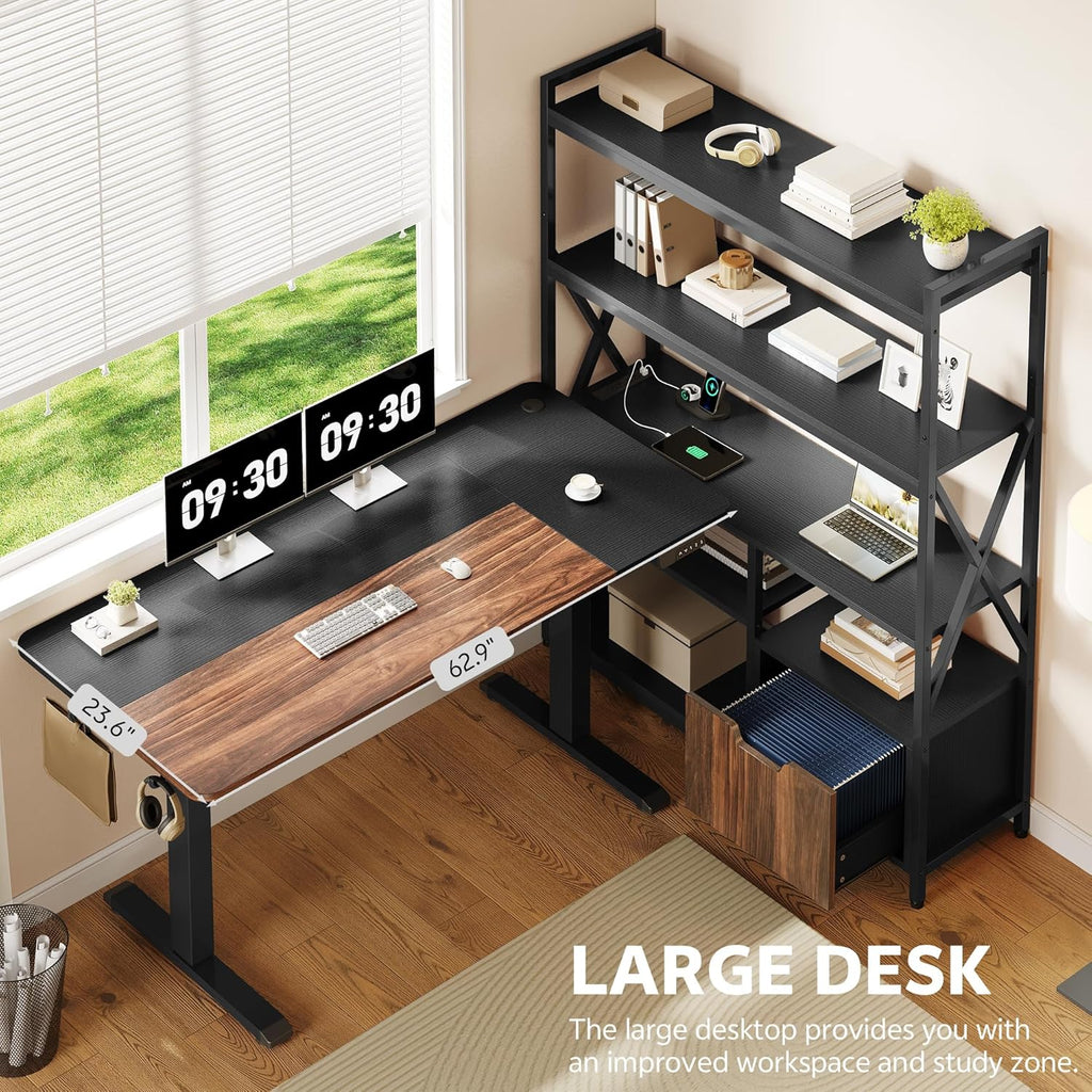 77.8 Inches L Shaped Standing Desk Corner Desk with Hutch Electric Height Adjustable Desk with Storage Shelves File Drawer Power Outlets Reversible Computer Gaming Desk for Home Office Black