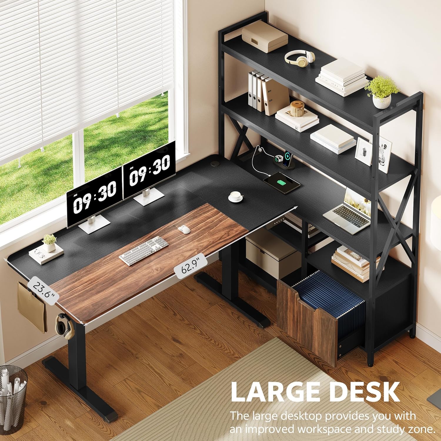 77.8 Inches L Shaped Standing Desk Corner Desk with Hutch Electric Height Adjustable Desk with Storage Shelves File Drawer Power Outlets Reversible Computer Gaming Desk for Home Office Black