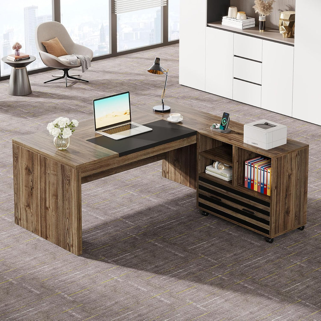 Tribesigns 62.2' Executive Desk with Mobile File Cabinet, L-Shaped Office Desk with Storage Shelves, Large Computer Desk Business Workstation Set for Home Office, Light Brown