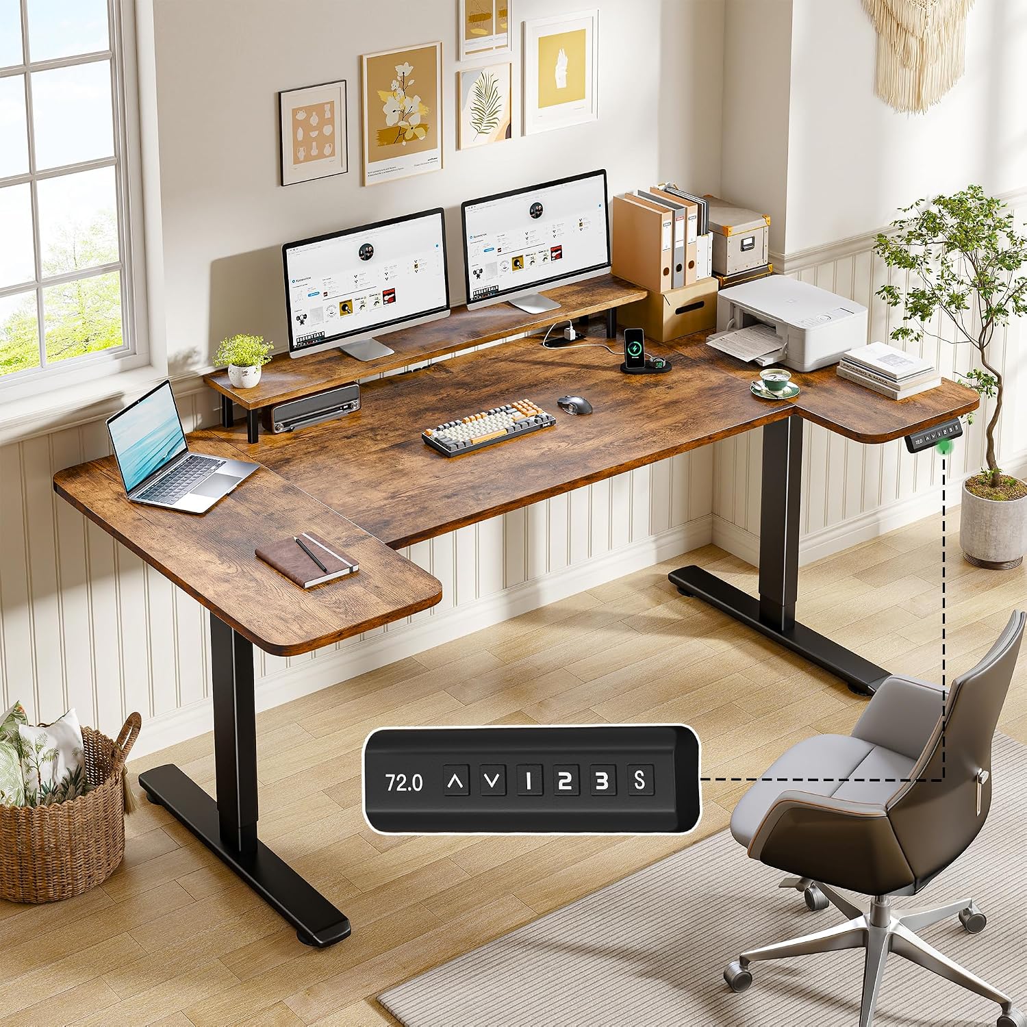 EnHomee 71 x 36 Inch U Shaped Electric Standing Desk, Height Adjustable Desk with Power Outlet, 3 Memory Height Preset, Monitor Shelf for Home Office Work Study Gaming, Brown