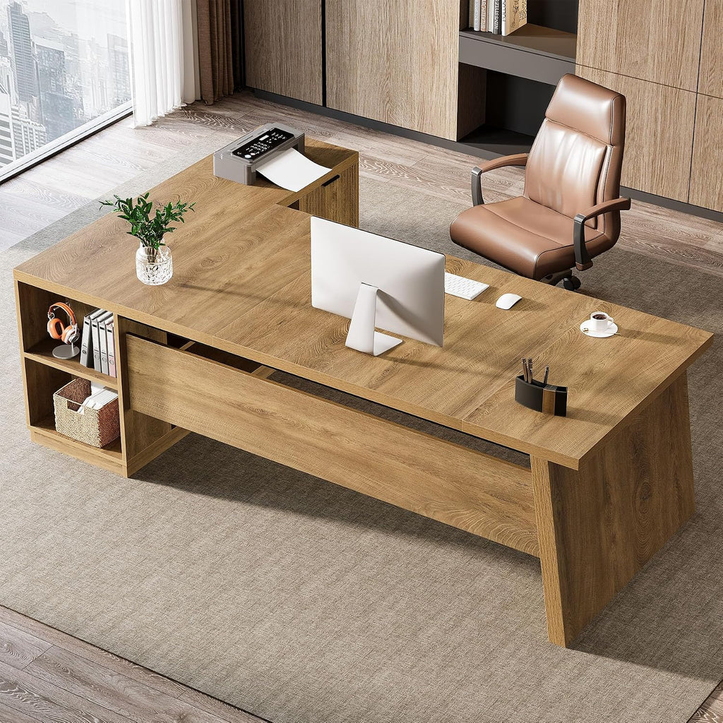 Tribesigns 78' L Shaped Desk with Drawers, Large Executive Office Desk with File Cabinet and Shelves, Modern Corner Computer Table Business Furniture for Home Office, Brown