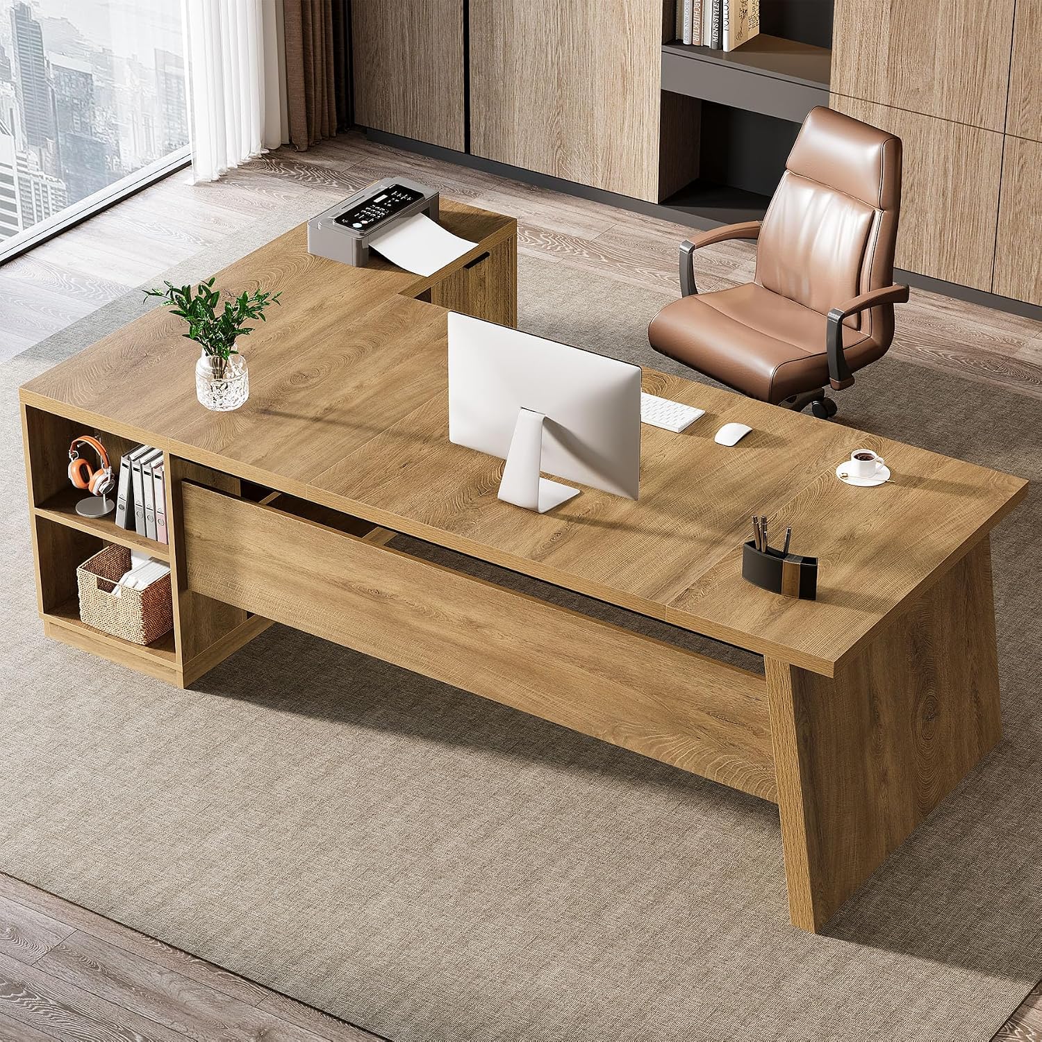 Tribesigns 78' L Shaped Desk with Drawers, Large Executive Office Desk with File Cabinet and Shelves, Modern Corner Computer Table Business Furniture for Home Office, Brown