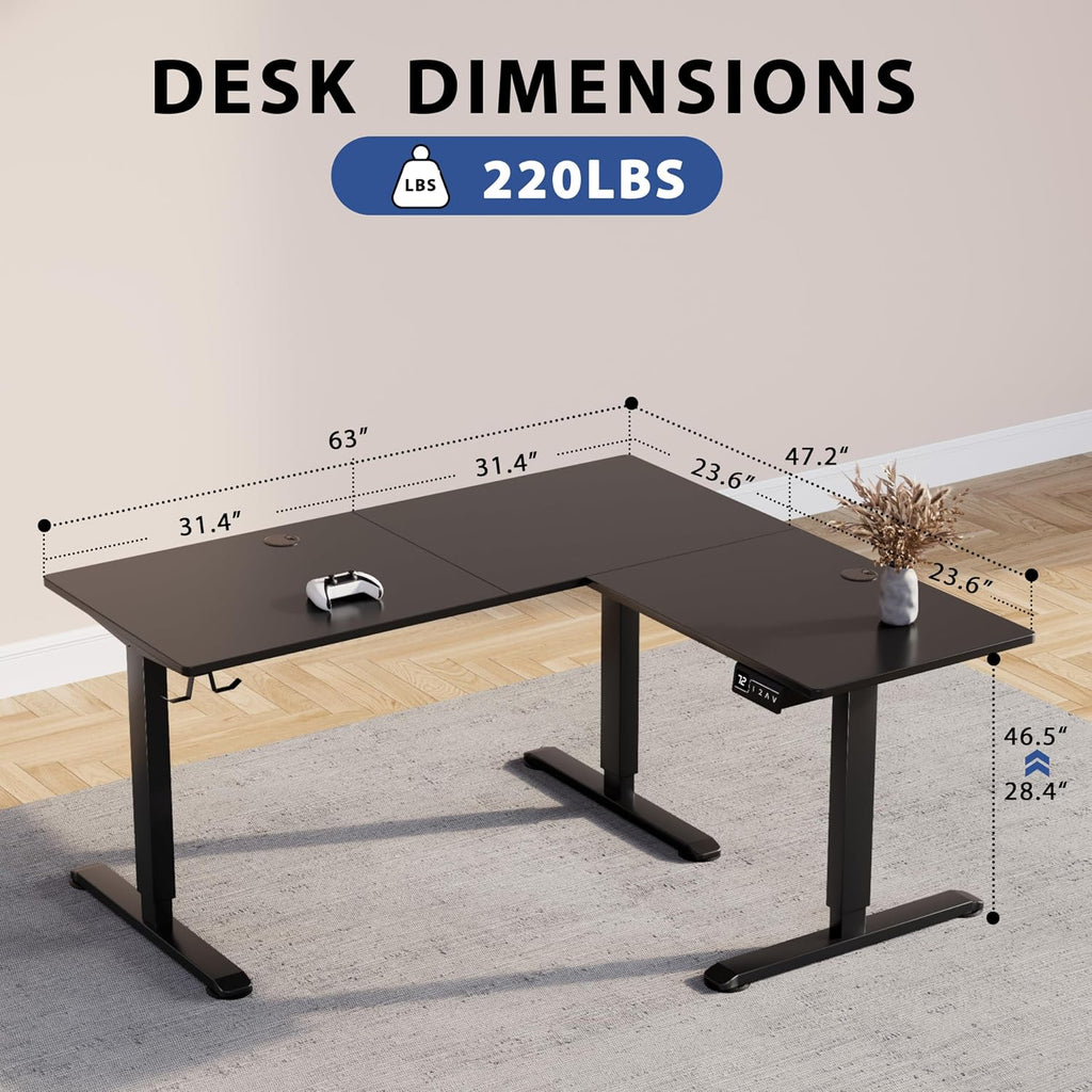 Shahoo L-Shaped Electric Standing Desk, 63 x 48 Inches Height Adjustable Coner Table, Home Office Computer Workstation, Black, 63 x 48 Inch