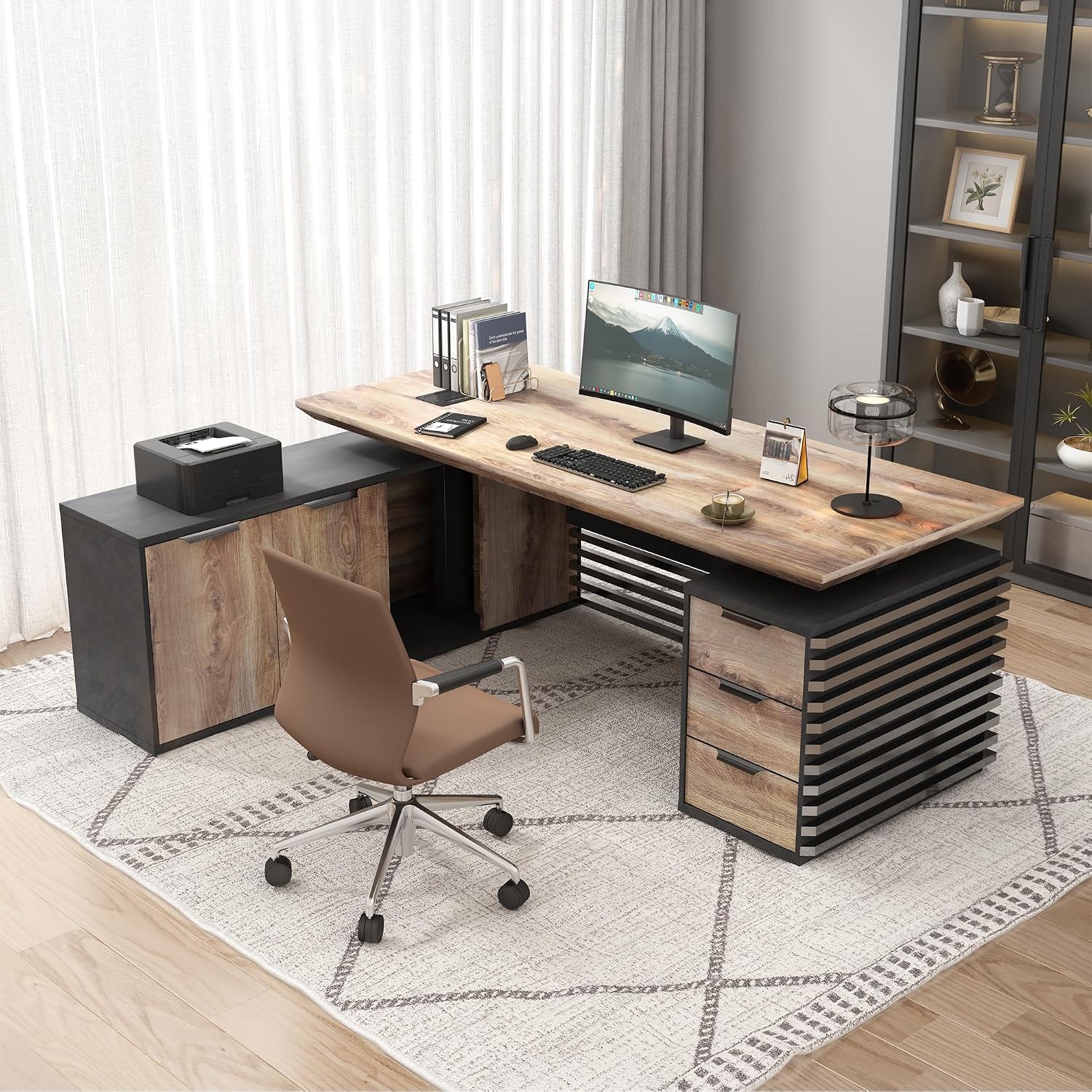 SAINTCY 70.87In L Shaped Executive Standing Desk with Drawers, Large Modern Adjustable Heigh Home Office Desk w/File Cabinet, AC/USB, Business Workstation, Black and Warm Oak