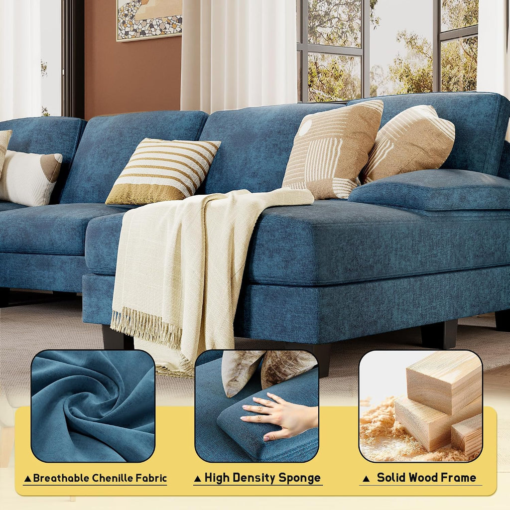 JUMMICO Sectional Couches for Living Room, U Shaped Couch with Chenille Fabric, 4 Seat Modern Sofa with Removable Pillows for Apartment and Small Space (Fabric, Blue)