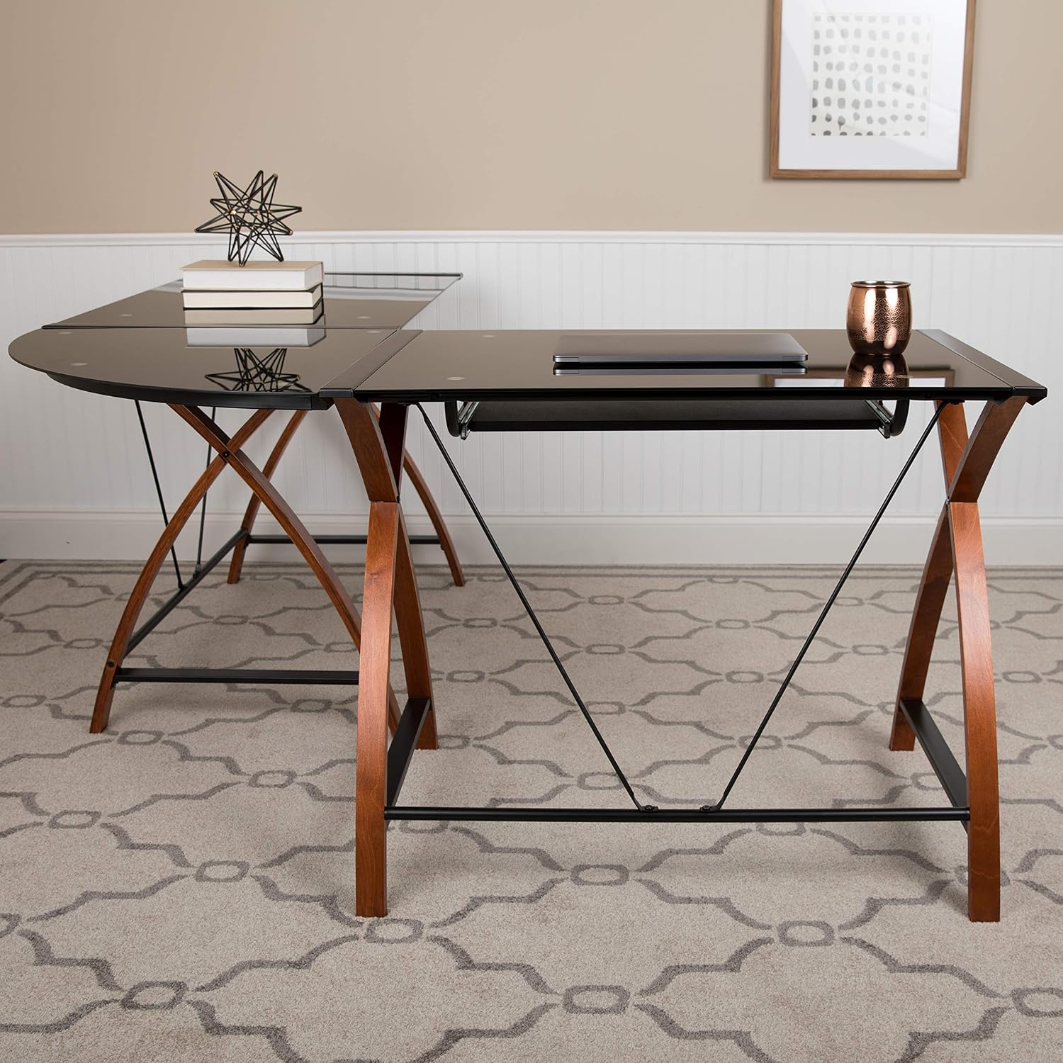 EMMA + OLIVER Black Glass L-Shape Corner Computer Desk with Pull-Out Keyboard Tray