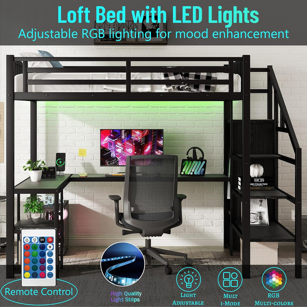 Full Size Loft Bed with Stairs and Desk, Gaming Loft Beds with RGB LED Light and Storage Shelf, Heavy-duty Metal Loft Bed Frame with Wardrobe, Charging Station for Adults Kids Teens, Black