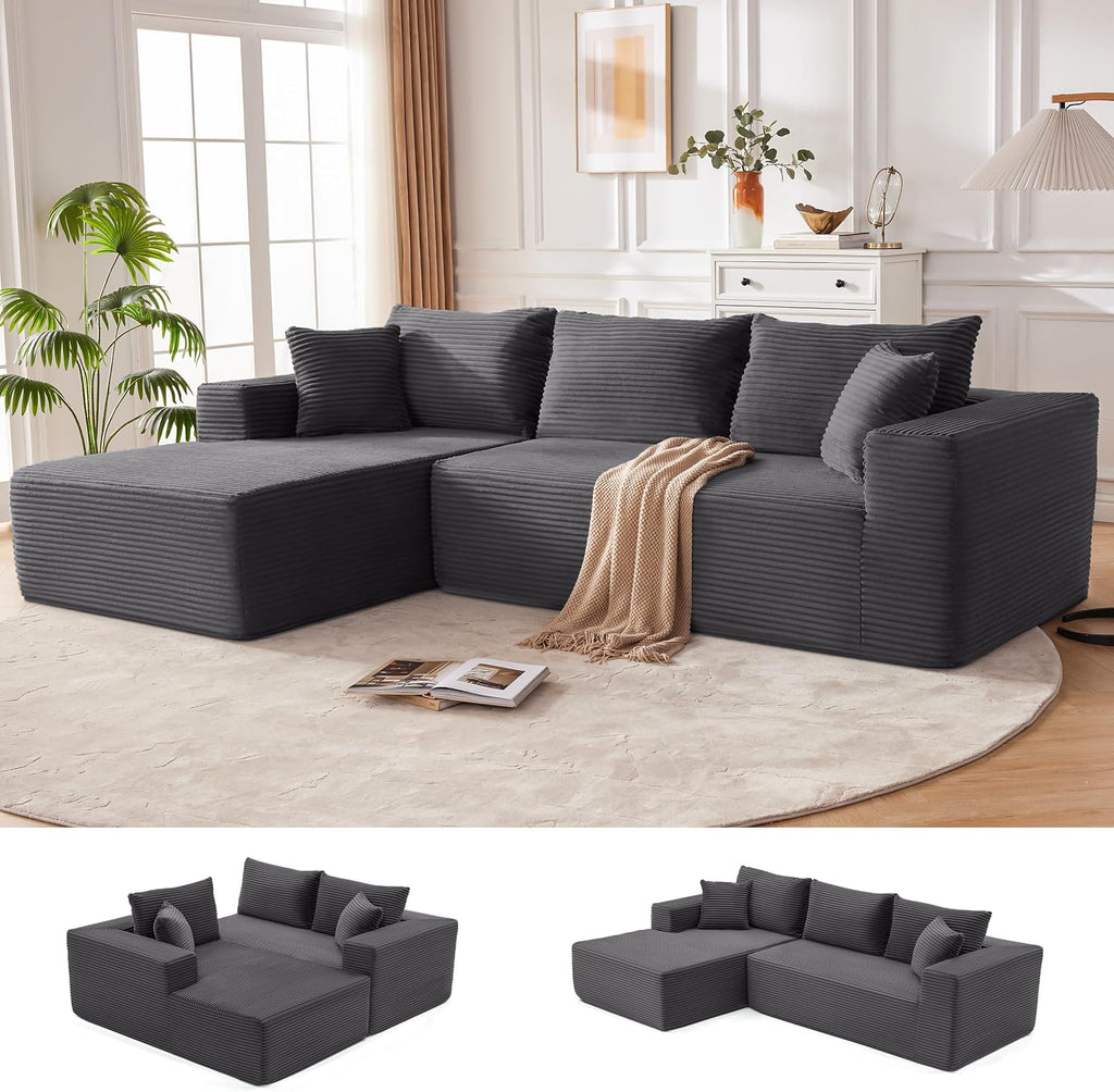 MANGODAN 110' Cloud Sectional Couch, Boneless Sofa for Living Room, Modular Sectional Sofa with Deep Seat, Comfy Fluffy Couch with L-Shaped Chaise, No Assembly Required (Left-Facing Chaise, Dark Grey)