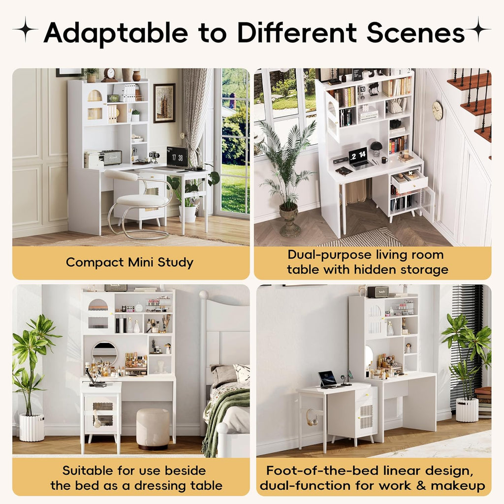 Bellemave Computer Desk with 90 Degree Rotating Desktop, 43x70 Inch Home Office Desk with Drawer and Storage Cabinets, Gaming Desk with Shelves, Writing Desk for Study (White)