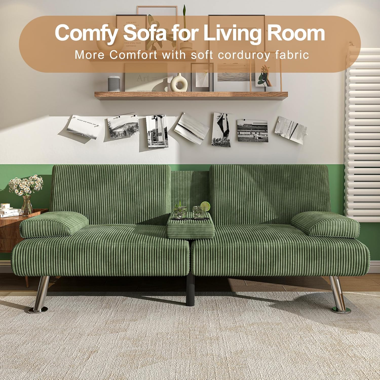 Shahoo Modern Upholstered Convertible Folding Futon Sofa Bed with Removable Armrests, Metal Legs, 2 Cup Holders for Living Room, Green